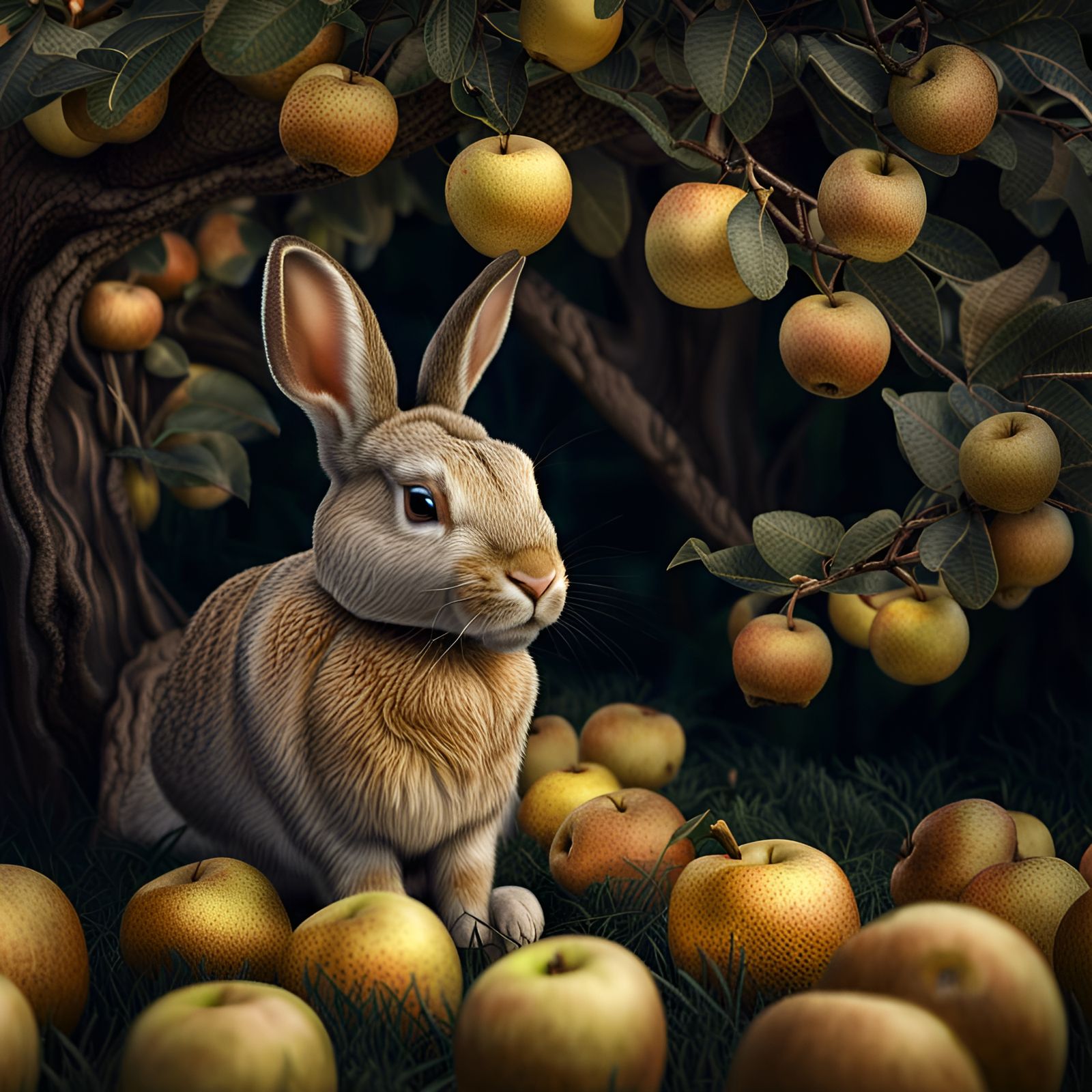 Rabbit Under Golden Apple Tree: Hyperrealistic Image