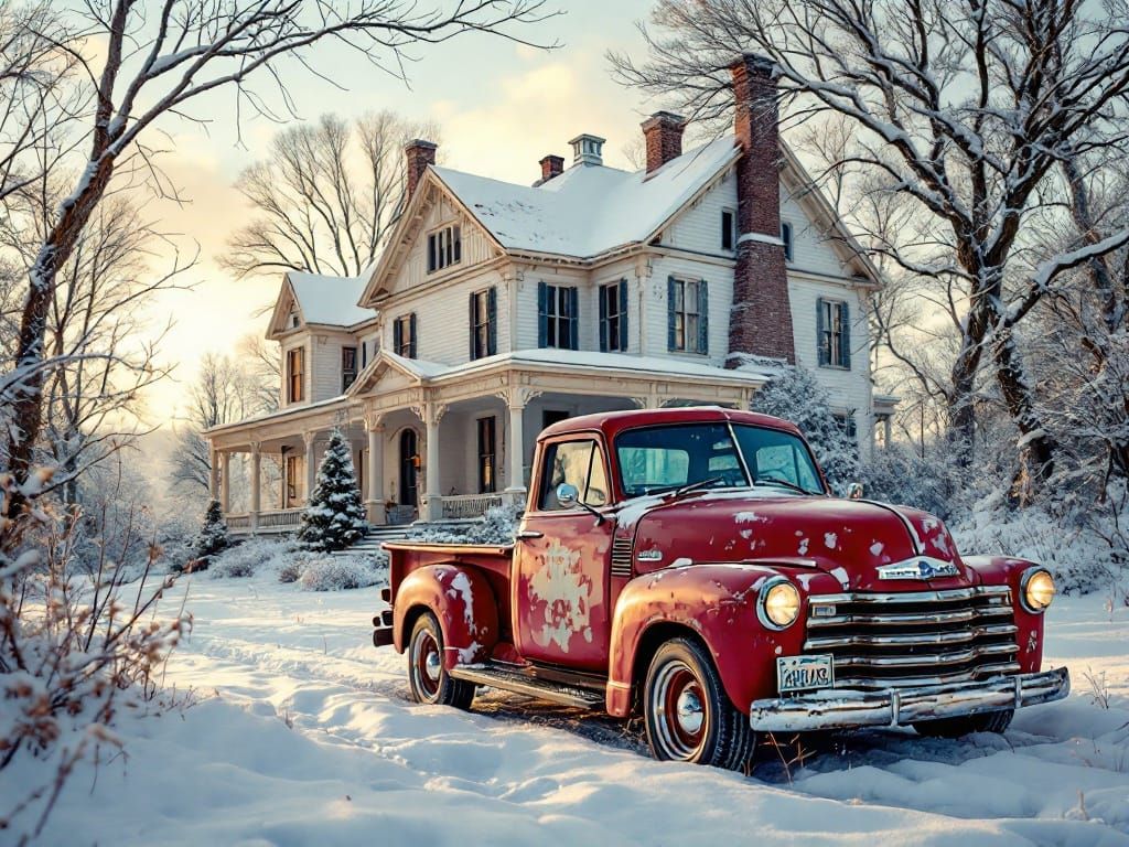 Vintage Chevy in Snowy Winter Landscape