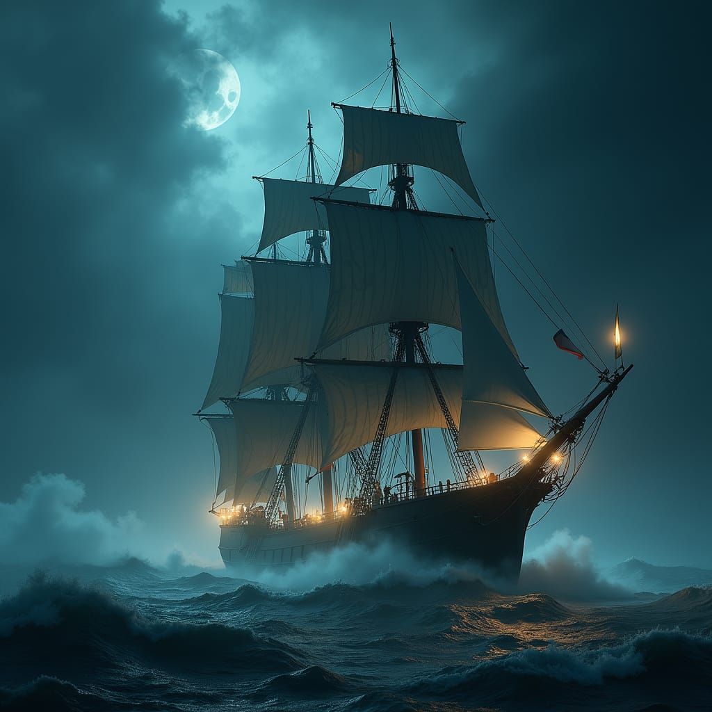Surreal Ghost Ship Advances Through Dark Stormy Waters in a...