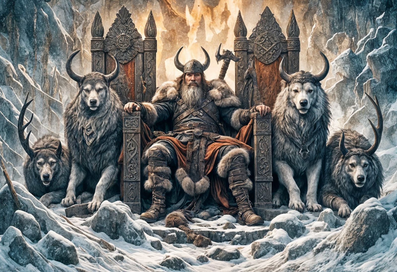 <lora:Fantasy:1.0>sitting in a Nordic throne with two ravens...