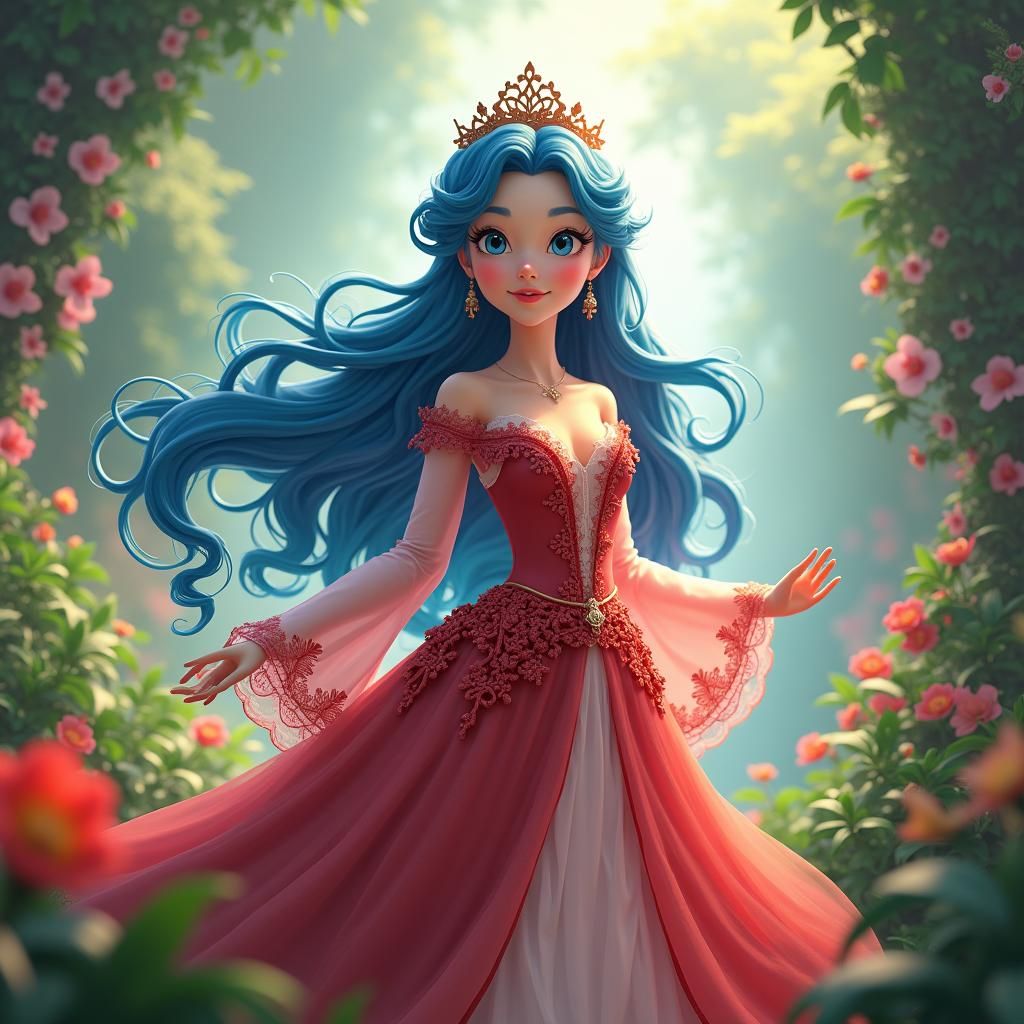 Blue-Haired Princess in Lush Garden, Anime Style