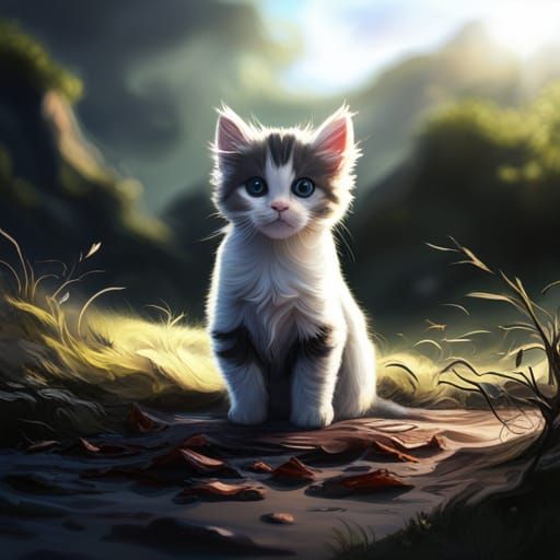 Detailed Black and White Kitten Art