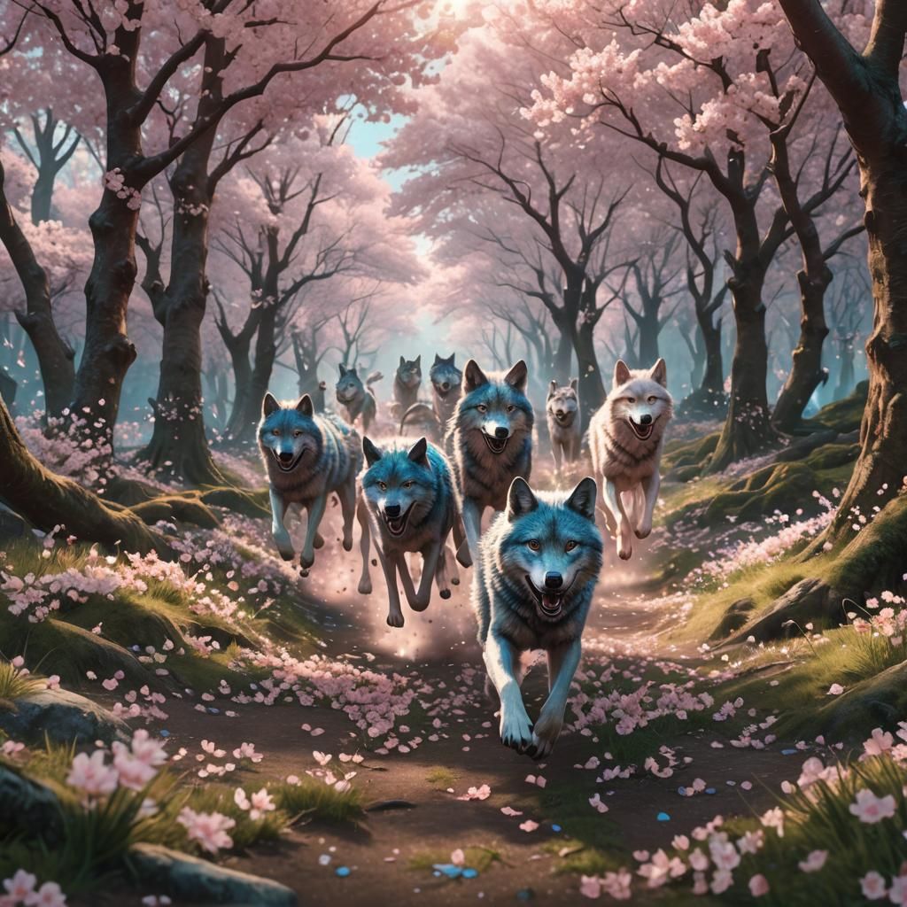 Wolf Runners in Cherry Blossom Forest: Fantasy Concept Art