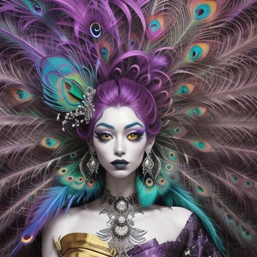 Abstract Portrait of a Woman with Peacock Hair