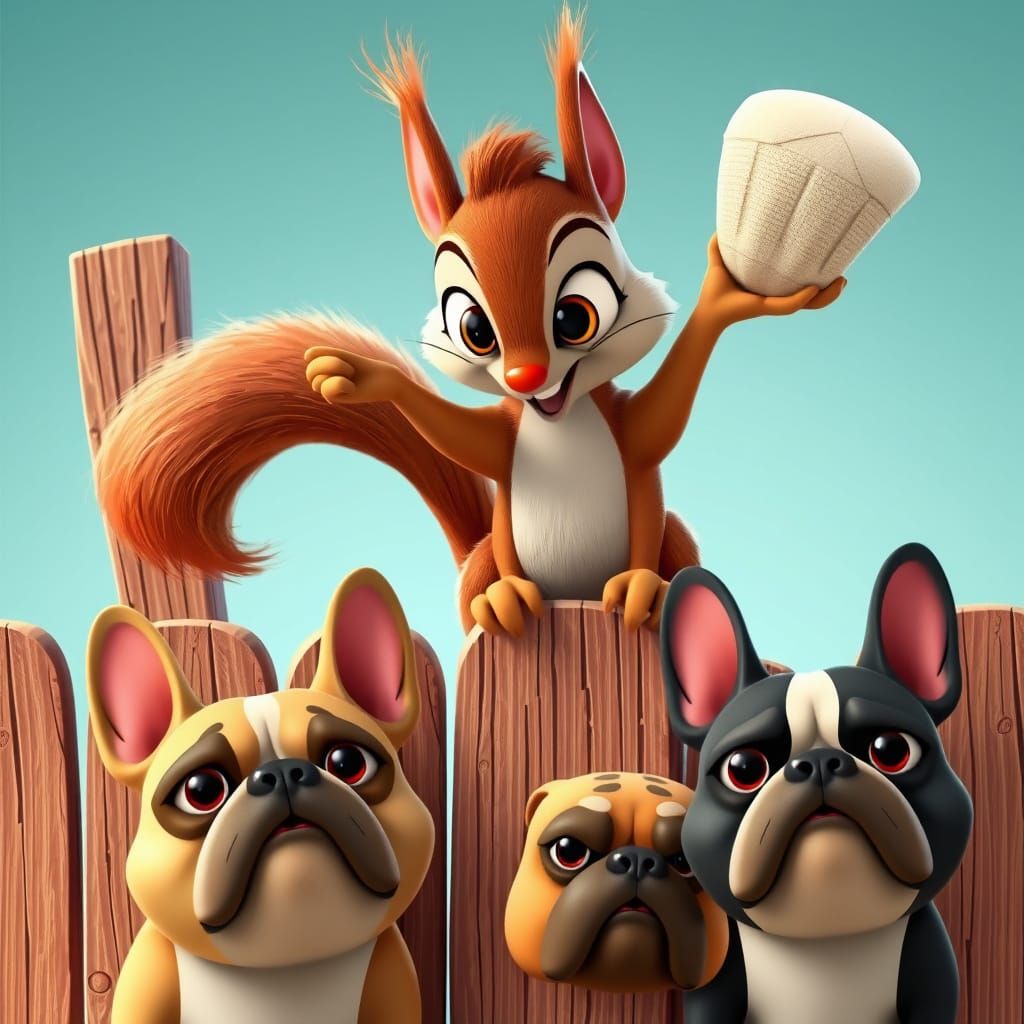 Playful Squirrel Taunts Bulldogs in 3D Cartoon Style