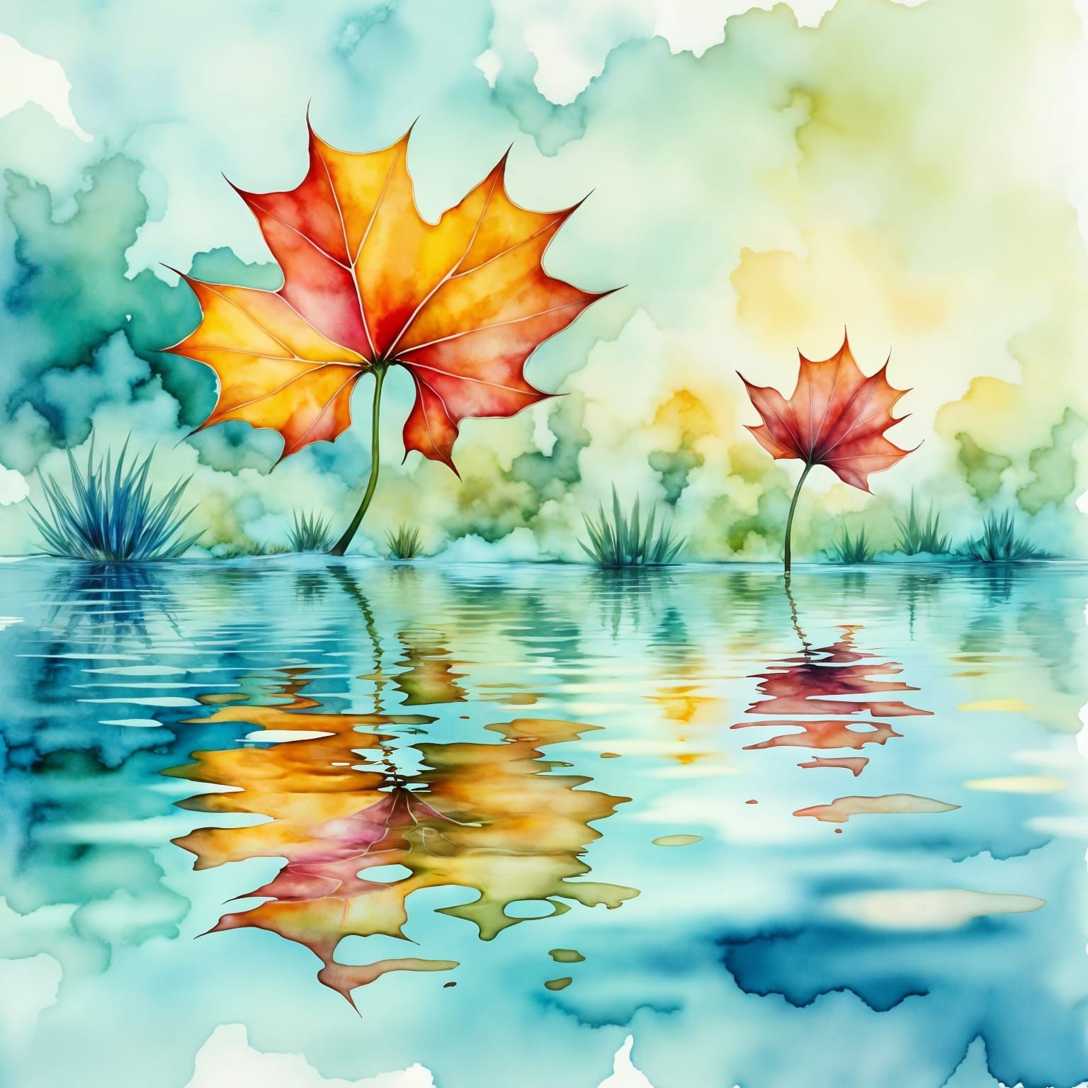 Watercolor Leaf Reflected in Serene Pond Landscape