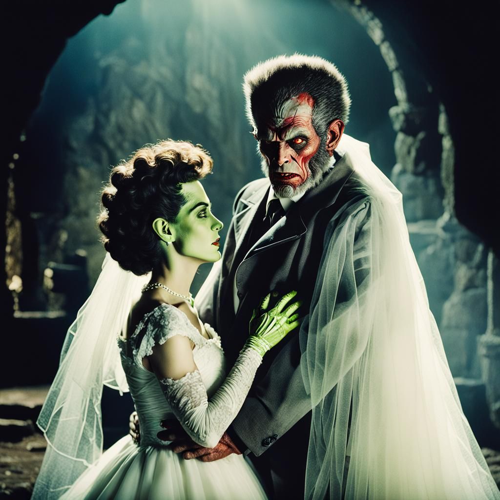 Werewolf and Bride of Frankenstein Embrace: Movie Poster