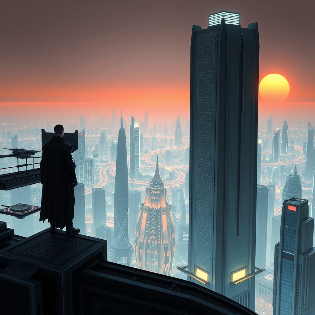 Jedi Knight on Taris: Futuristic Jedi Tower in Neon-Lit City...