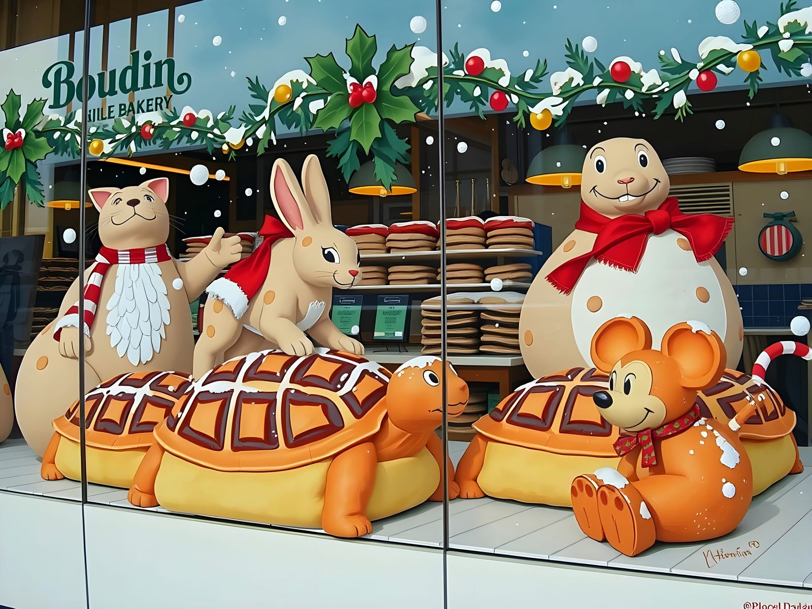 Surreal Mosaic Bread Creatures in Whimsical Window Display a...