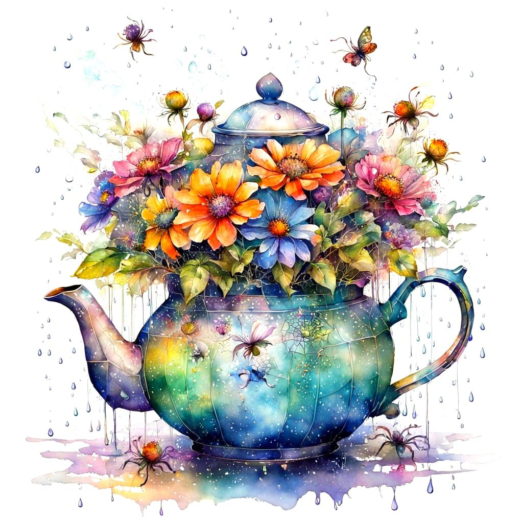 Watercolor Teapot with Flowers and Dewy Spiderweb