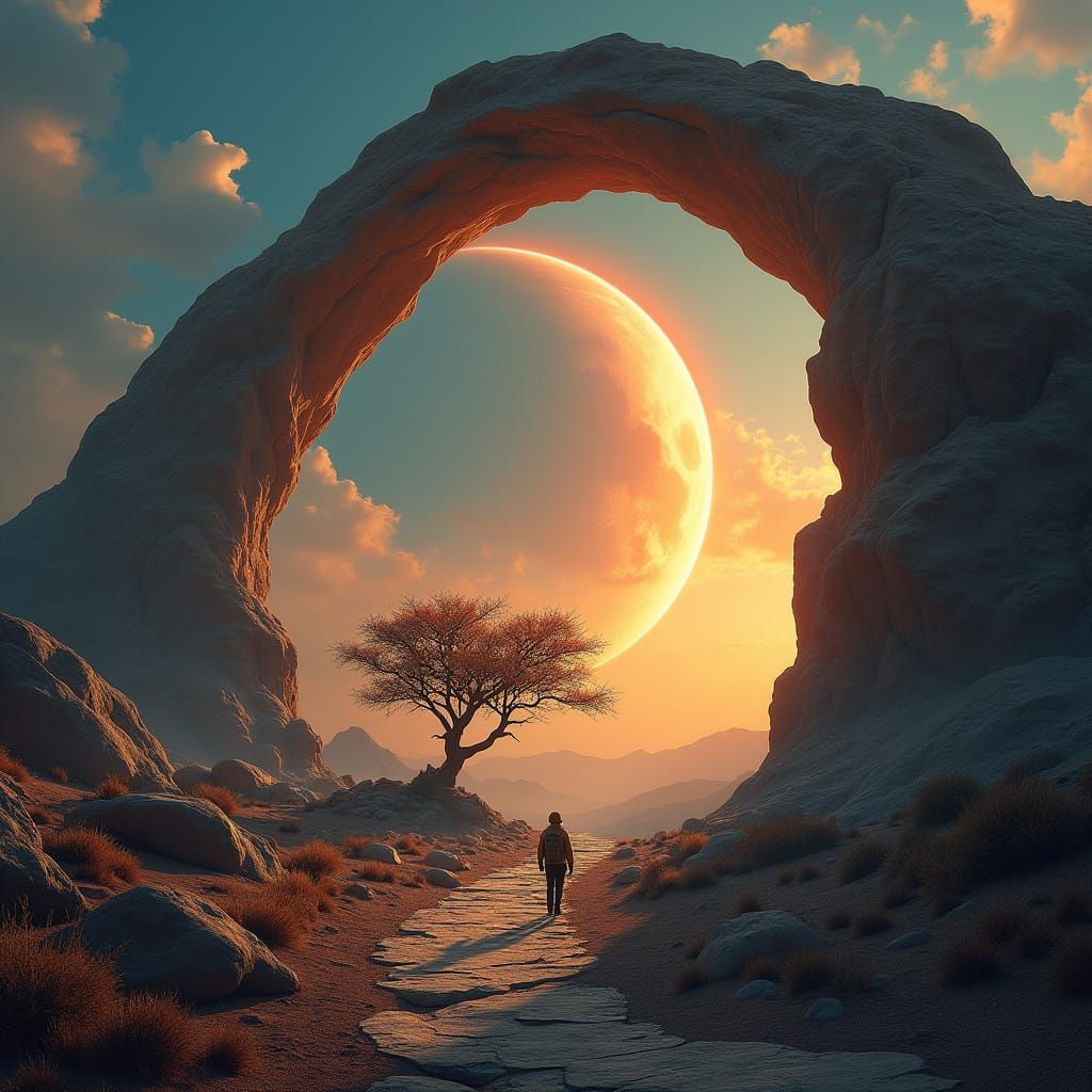 Lone Traveler in a Dreamlike Otherworldly Desert Landscape