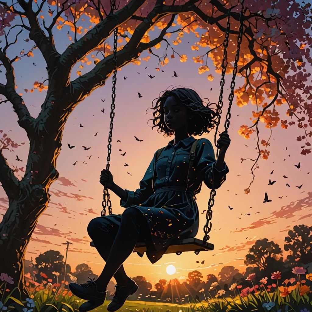 Girl on Swing at Sunset: Hyperrealistic Splash Art