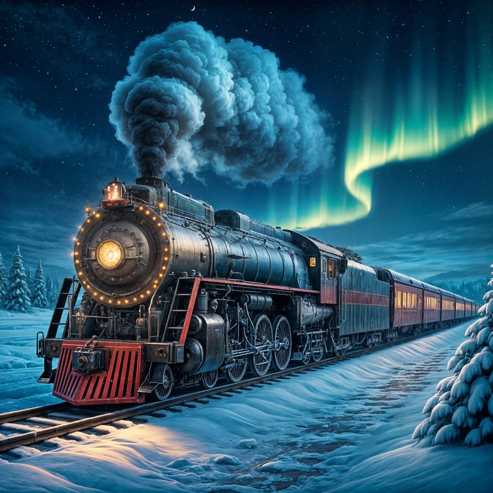 North Pole Train Journey Across Icy Plains with Christmas Li...