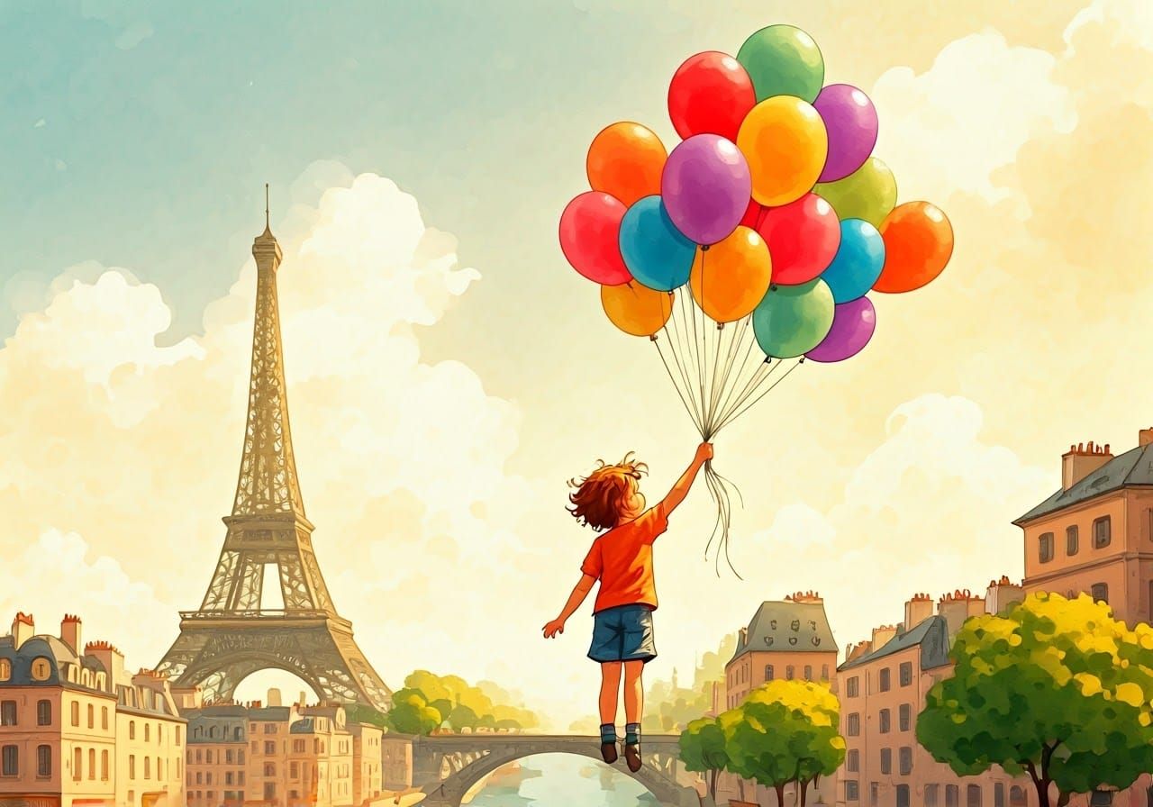 Whimsical Watercolor Illustration of Child and Balloons in P...