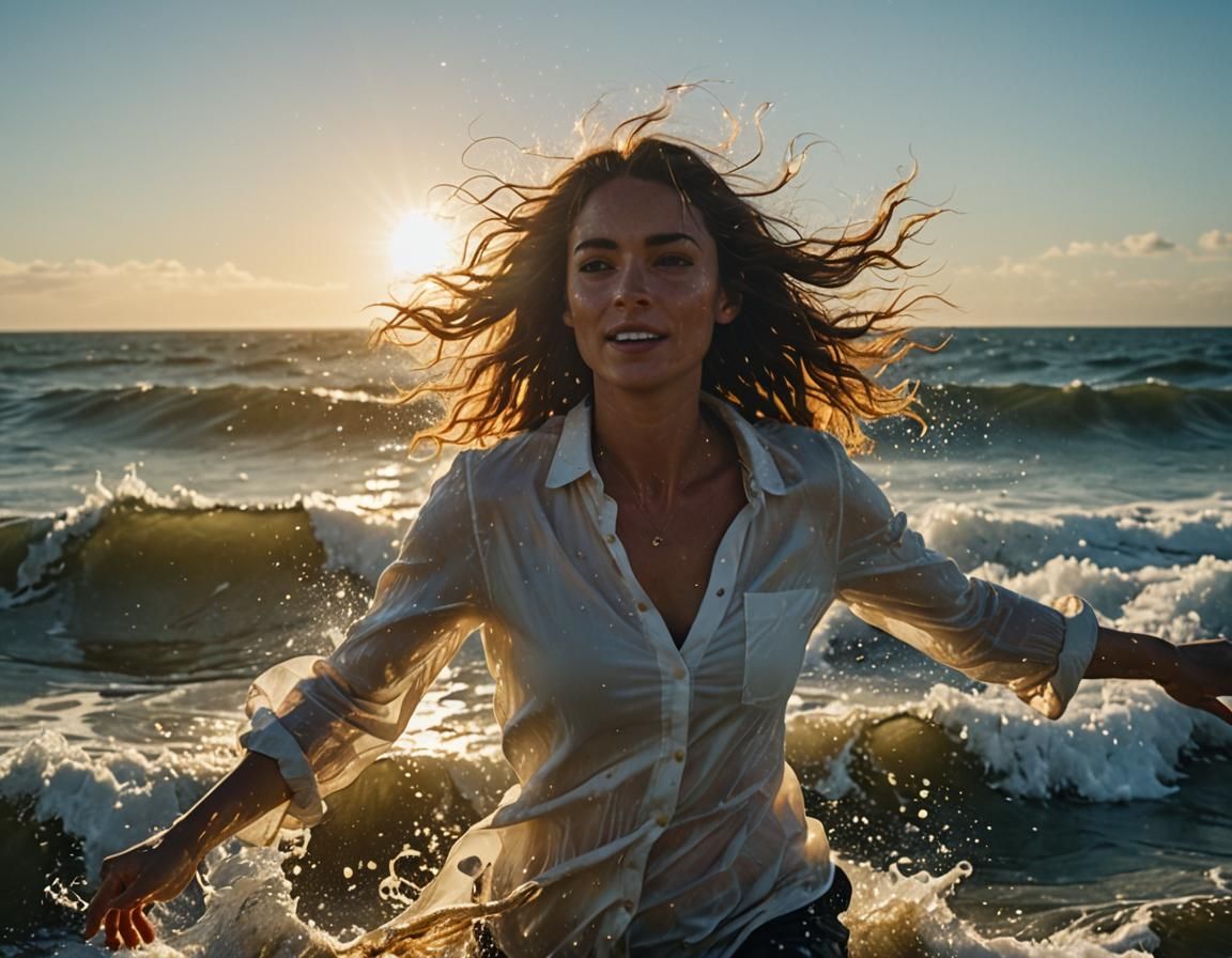 Golden Hour: Woman in Ocean, Cinematic Still