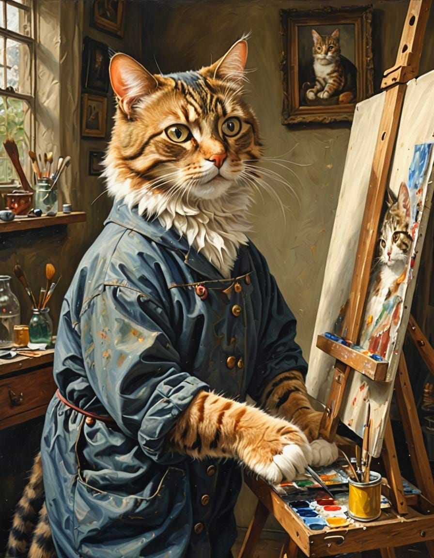 Anthropomorphic Cat Painting a Self-Portrait in Oils