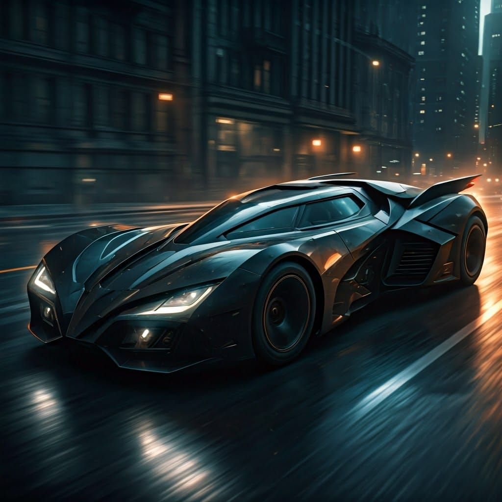 Futuristic Batmobile Speeding Through Gotham in Cyberpunk St...