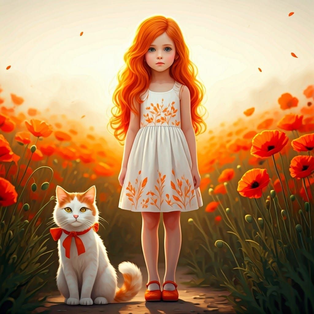 Girl and Cat in Poppy Field, Digital Art