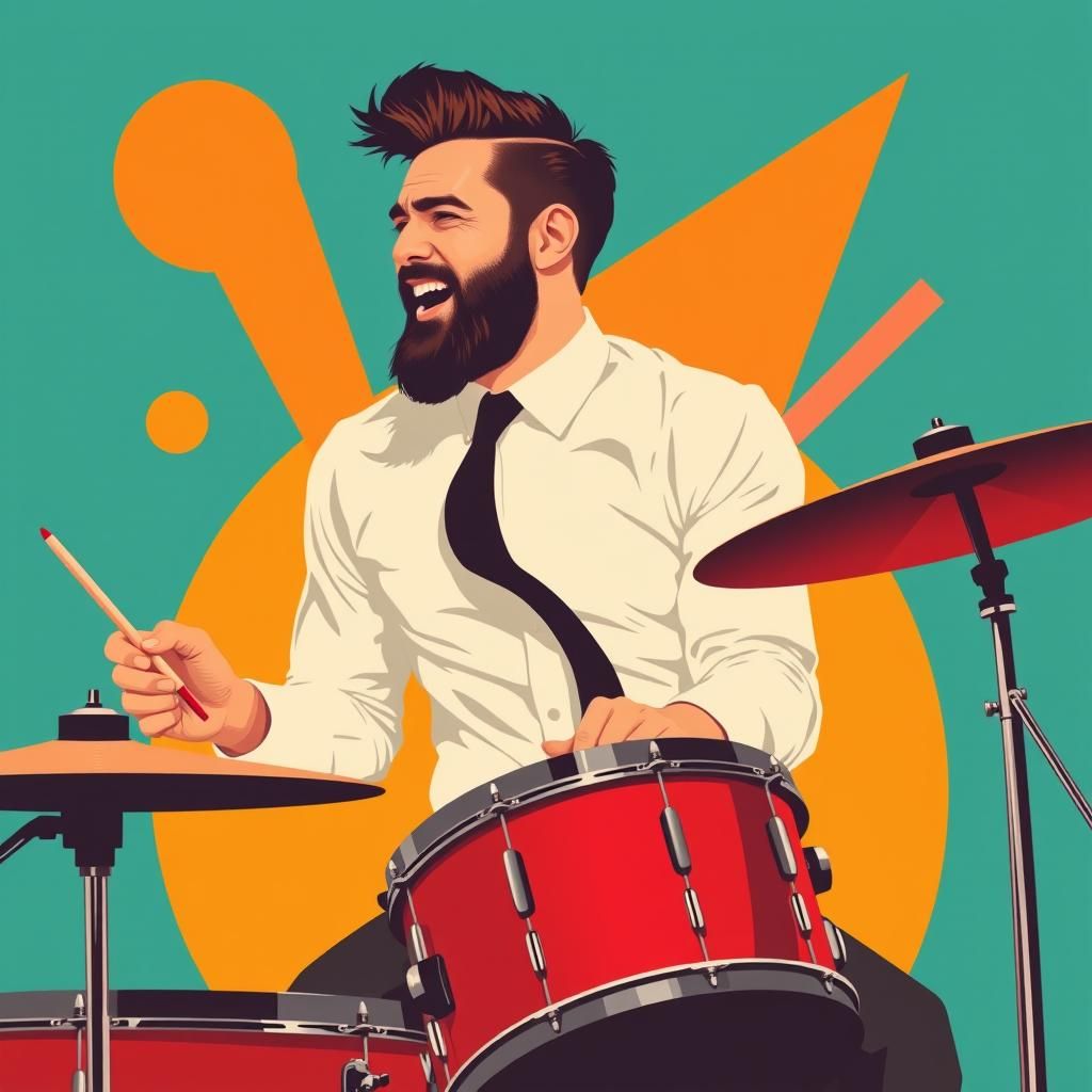 Stylish Bearded Man Energetically Playing Drums