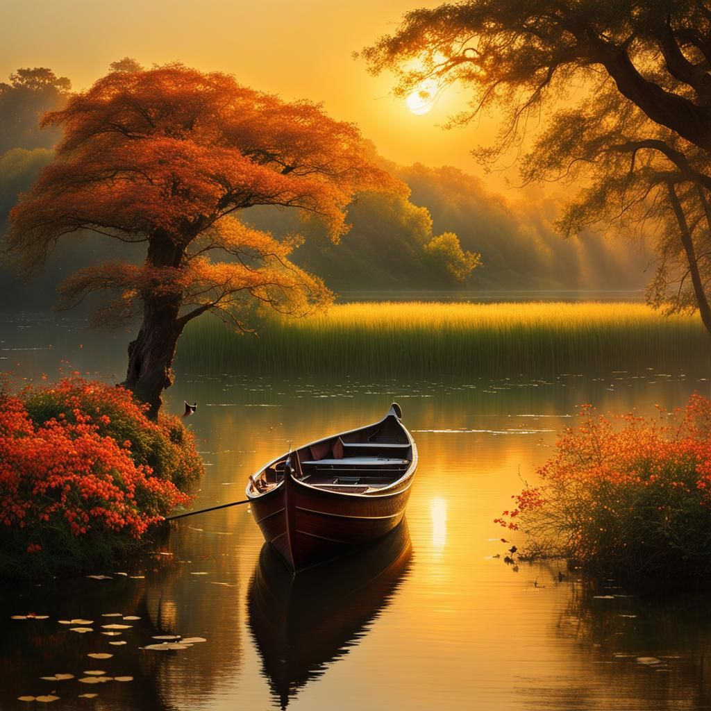 Sunset Serenity: Boat on Lake in Anime Style