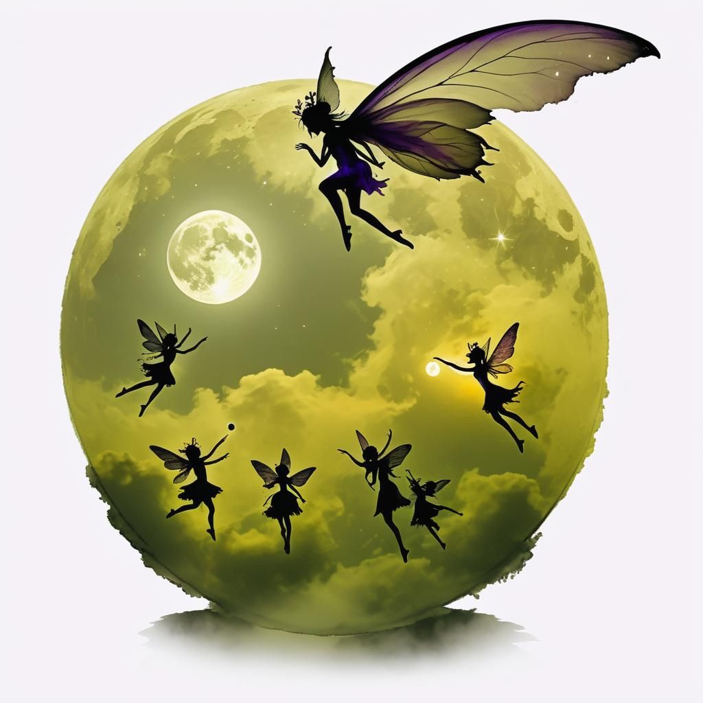 Fairies Dancing in Purple Night Sky