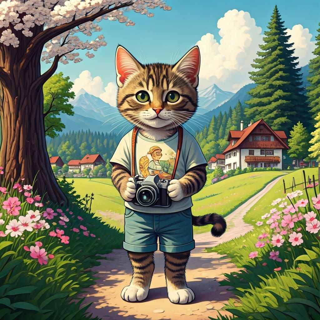 Tabby Kitten Tourist in Austrian Village, Comic Book Art