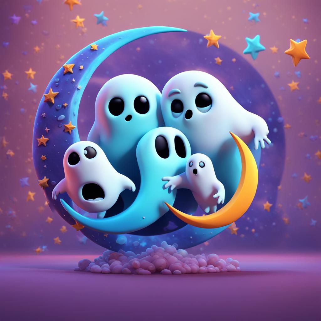 Pixar Style Ghosts on Crescent Moon