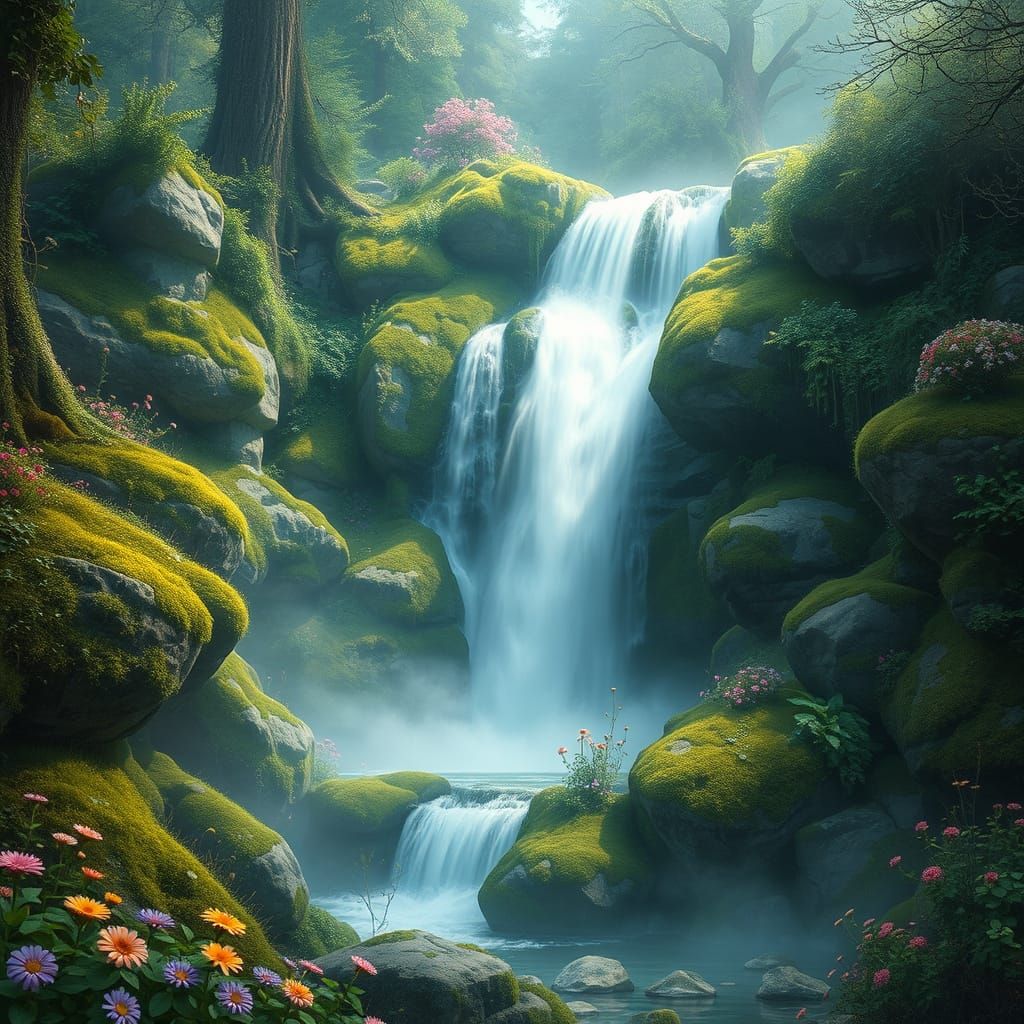 Enchanted Waterfall in Dreamy Forest Landscape