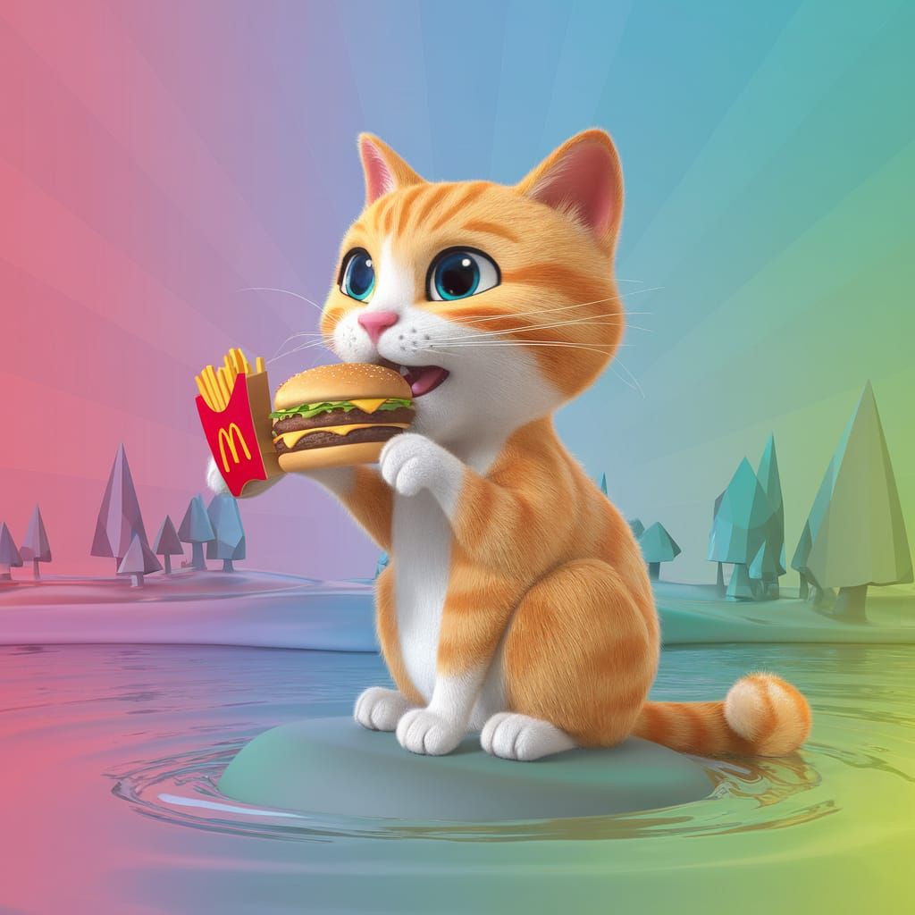 Orange Tabby Cat Enjoying a Burger in a Vibrant Pixar-Style ...