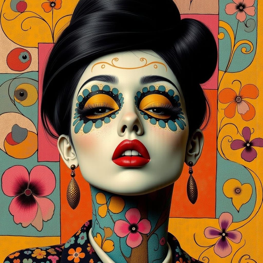 Vibrant Pop Art Portrait with Whimsical Patterns and Humor