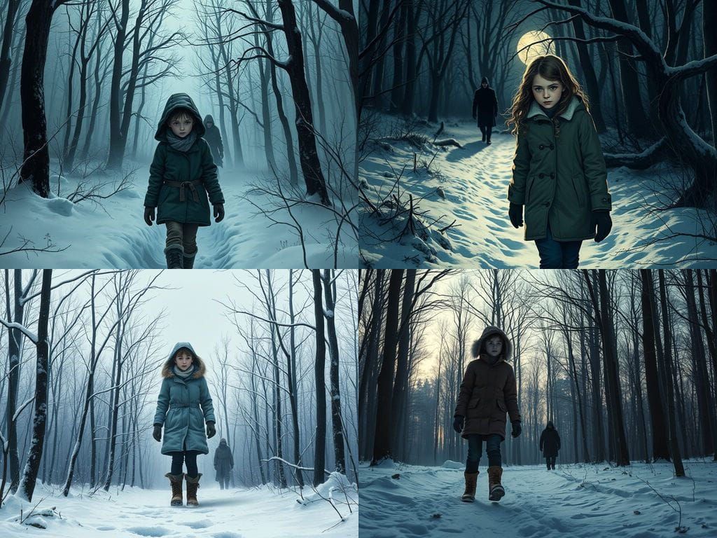 A Young Girl Walks Through a Haunting Winter Woodland