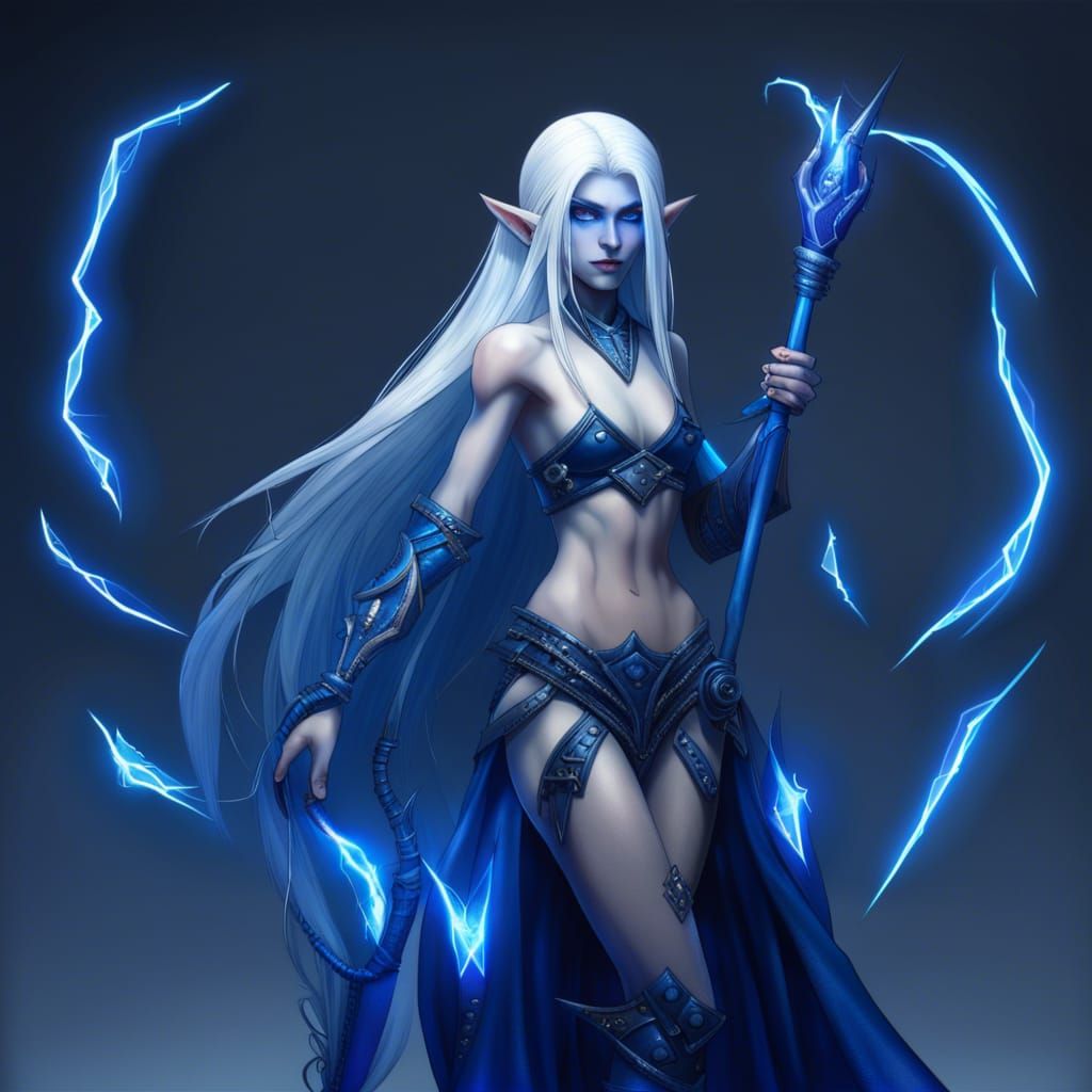 Albino Drow Elf Sorceress with Electric Blue Hair