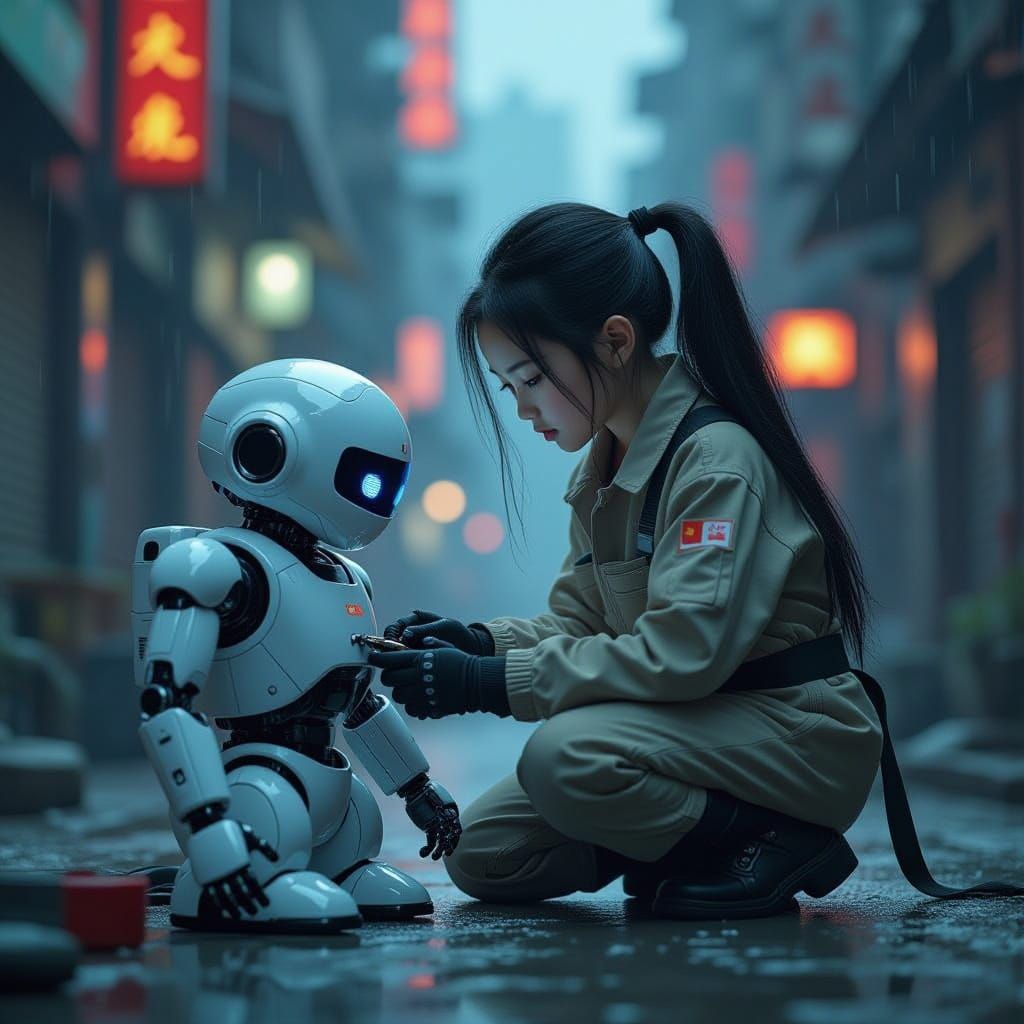 Sci-Fi Mechanic Girl Repairs Robot in Gritty Cityscape