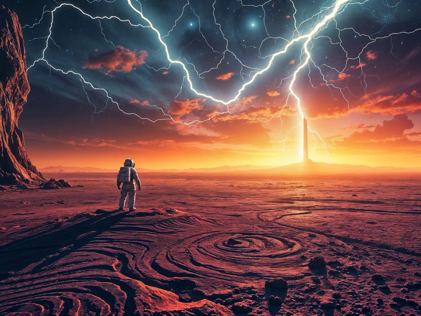 Astronaut and Glowing Monolith on Alien Planet