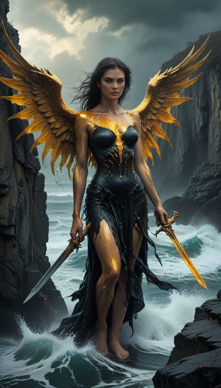 Ethereal Demonic Angel Amidst Turbulent Ocean of Souls