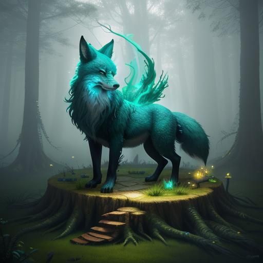 Mystical Nine-Tailed Fox in Emerald Light