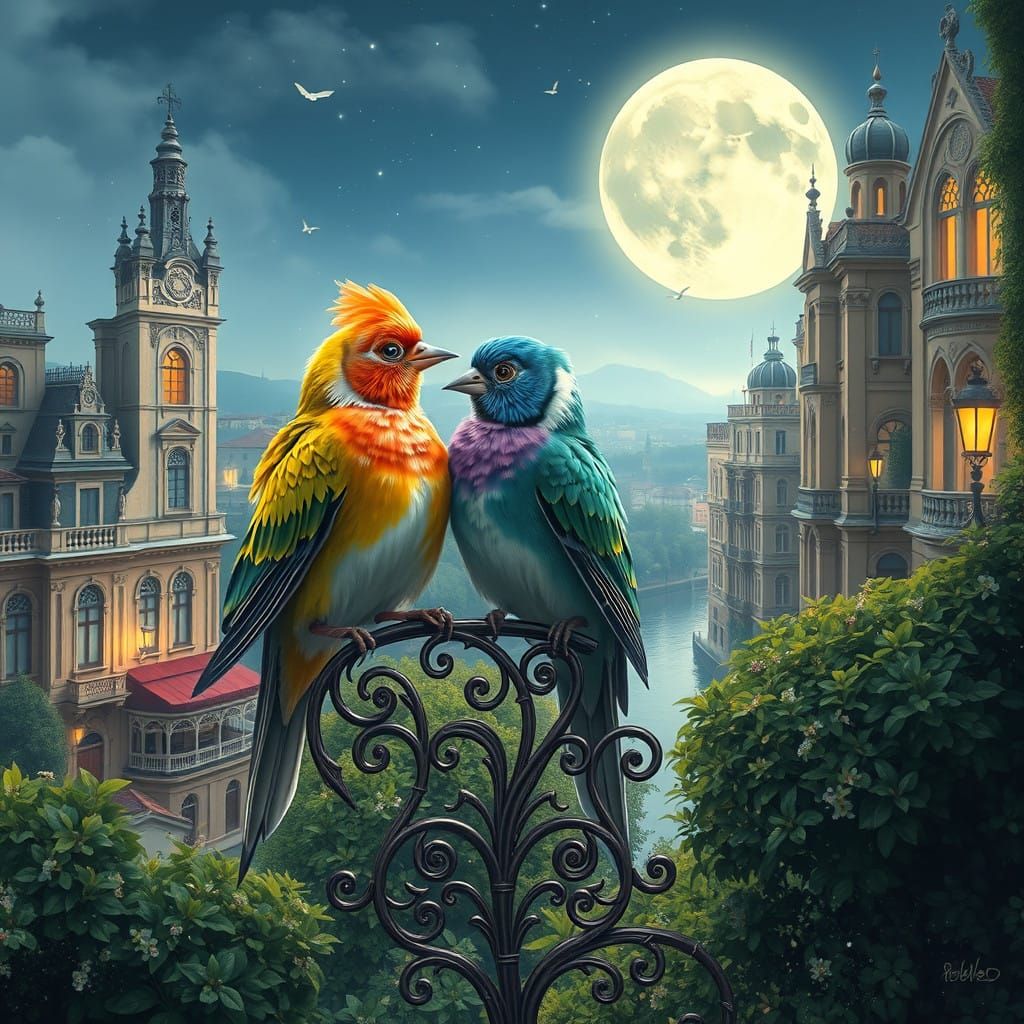 Whimsical Canaries on a Gothic Balcony in a Fantasy Cityscap...