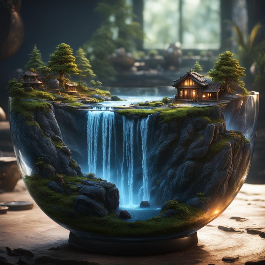 Miniature Waterfall in Clear Bowl, Detailed Matte Painting