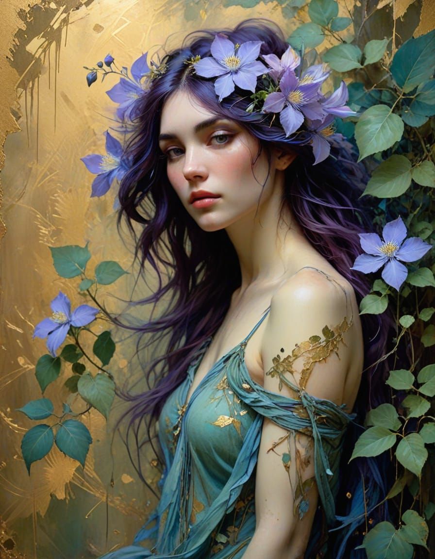 A Dreamy Art Deco Masterpiece of a Blue Clematis in a Golden...