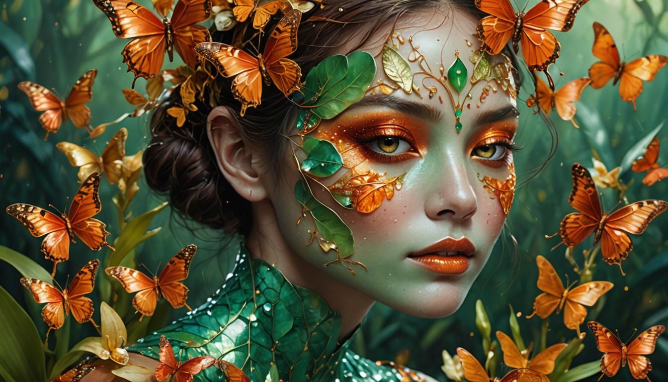 Ethereal Leaf Woman with Butterflies, Hyper-Realism