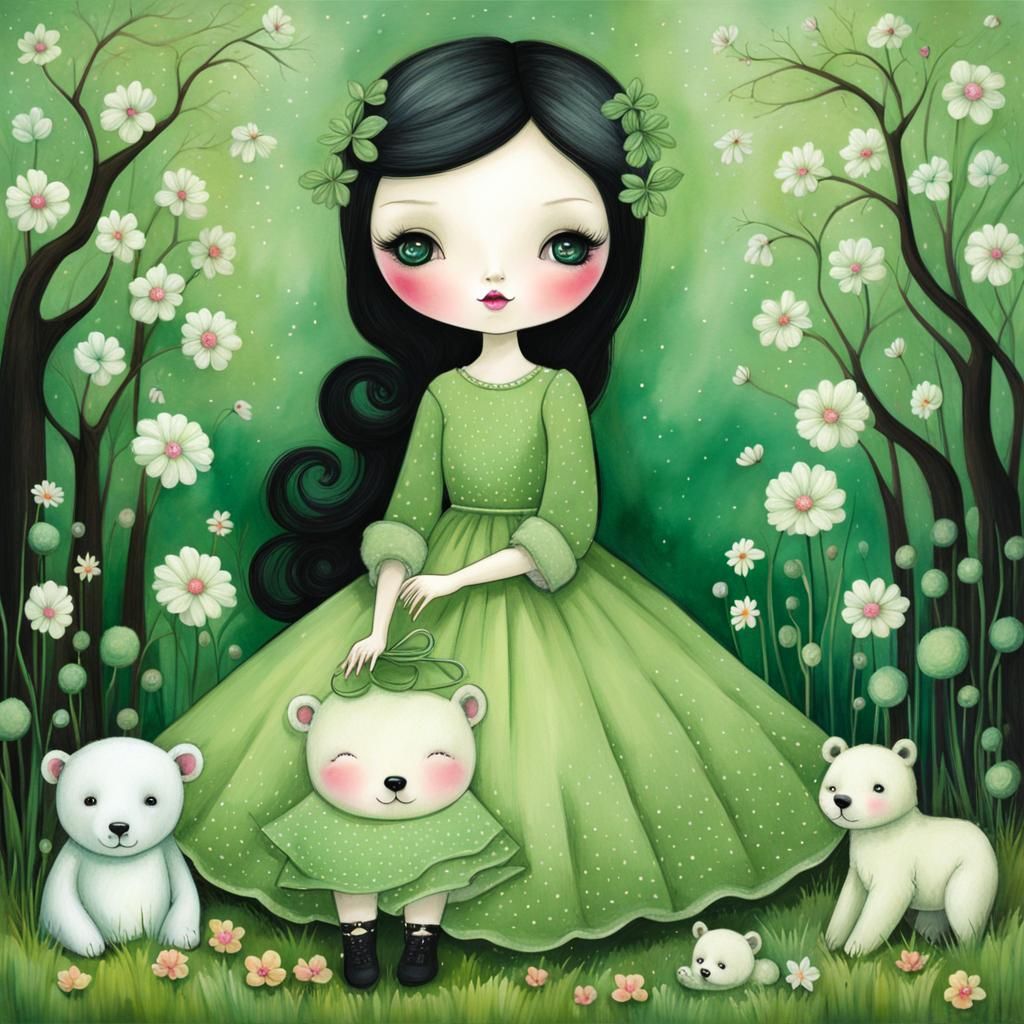 Porcelain Doll and Teddy Bear in Wheat Field