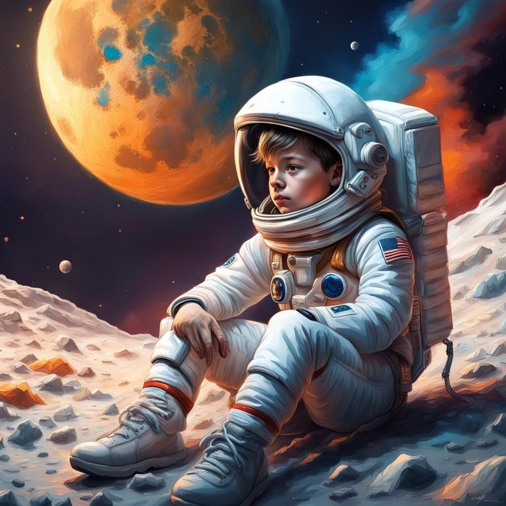 Astronaut Boy on the Moon in Hyperrealistic Style