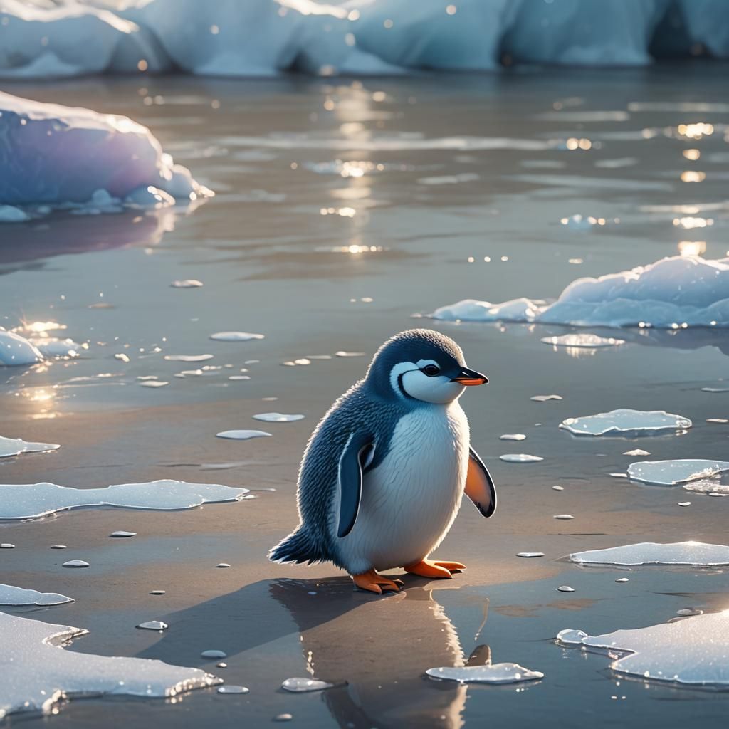 Adorable Blue Penguin on Icy Shoreline: Pixar-Inspired