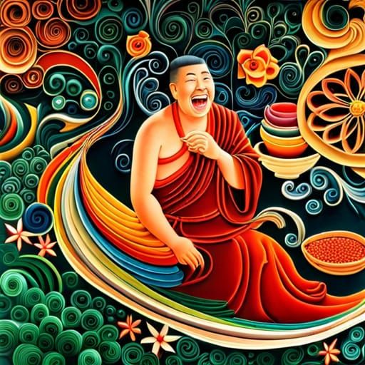Laughing Tibetan Monk in Paper Quilling Forest