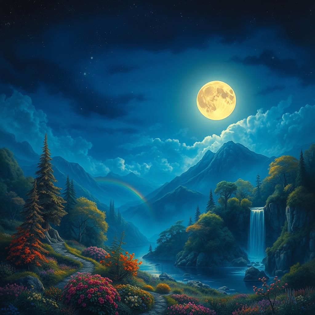 Moonlit Valley with Rainbow Under Night Sky