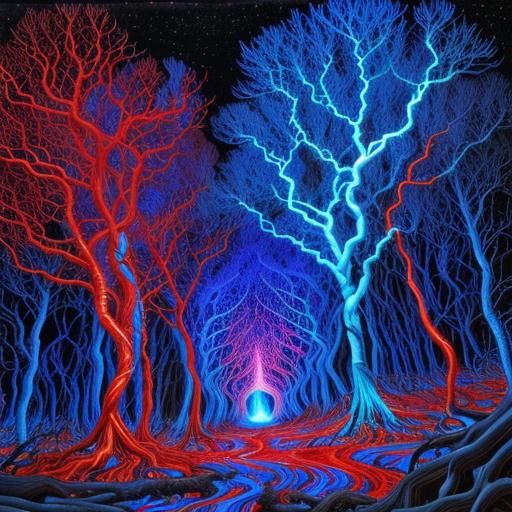 Dystopian Liquid Metal Forest with Electric Lightning