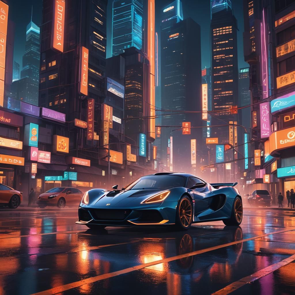 Neon Lotus Car in Mystical Cityscape, Digital Matte Painting