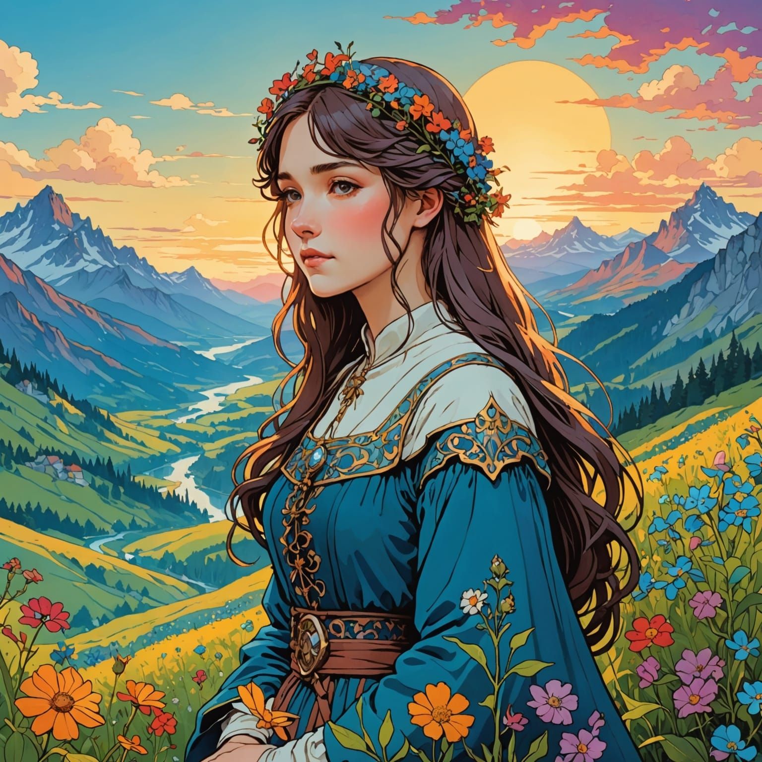 Medieval Anime Girl with Wildflowers at Dawn