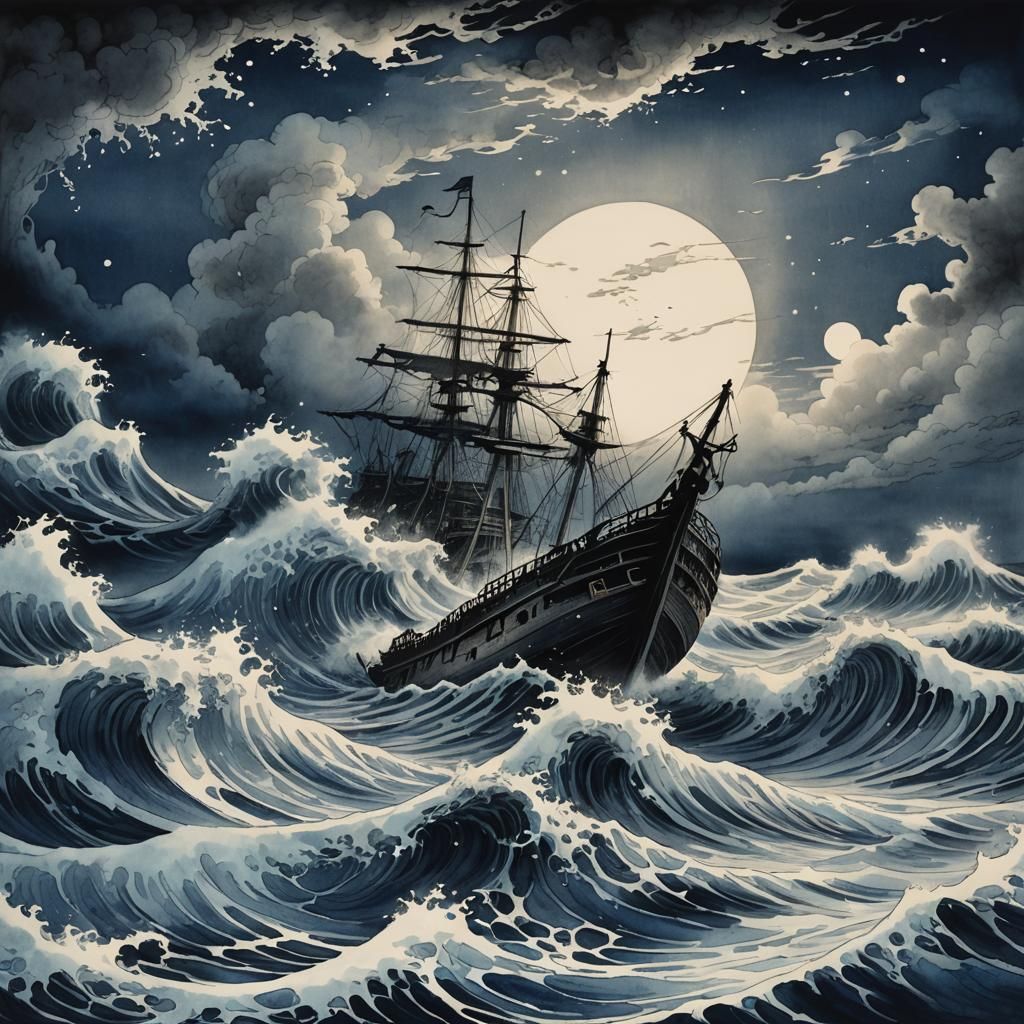 Haunting Waves Crash Over Shipwreck in Ink Wash