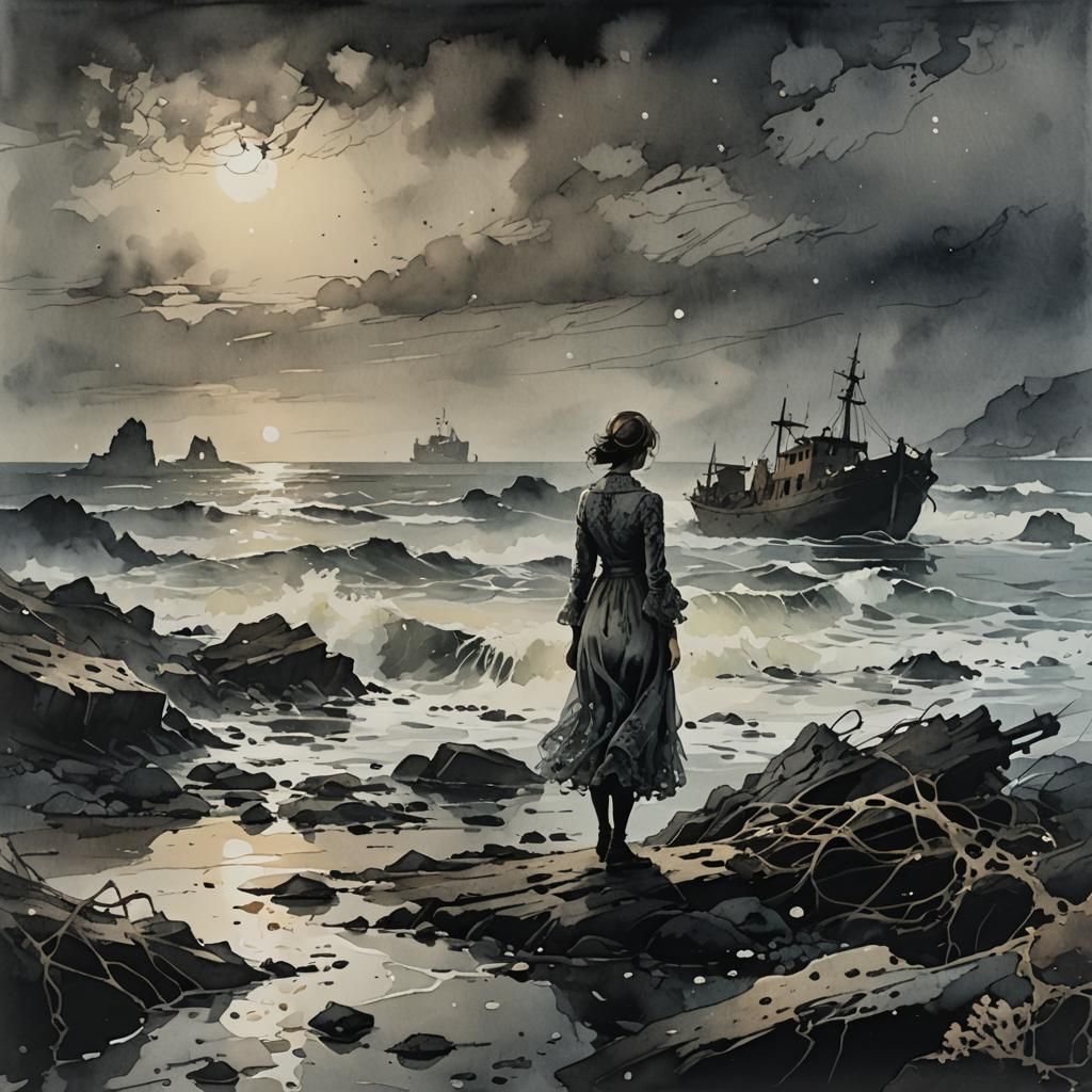 Sorrowful Figure Amidst Shipwreck Debris in Ink Painting